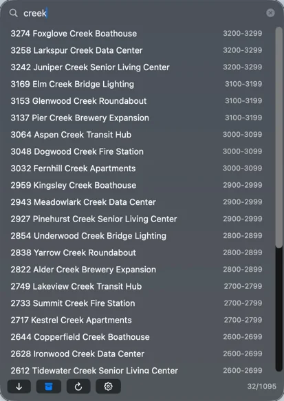 The search panel with &ldquo;creek&rdquo; typed and the archive button on, listing 32 matching projects, archived ones included.
