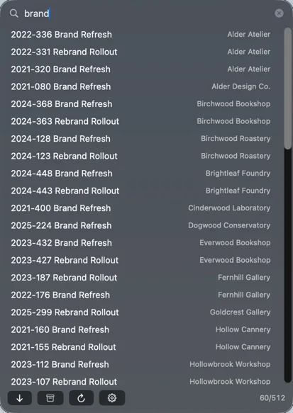 The search panel with &ldquo;brand&rdquo; typed, listing jobs such as 2022-336 Brand Refresh with client names like Alder Atelier on the right.