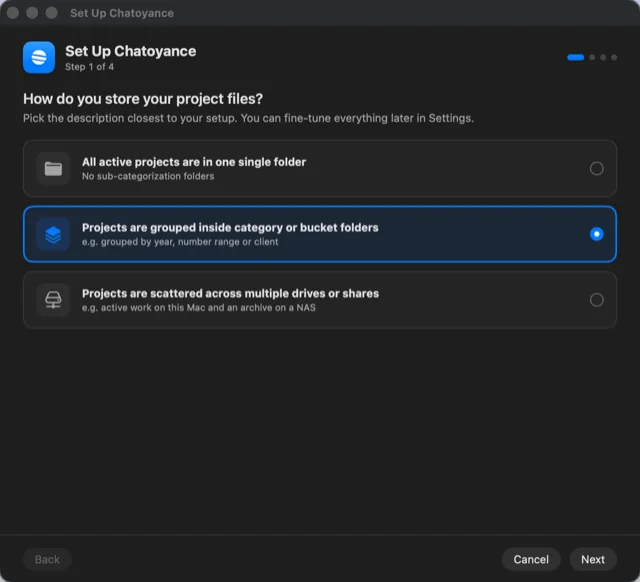 The setup wizard, step 1 of 4: &ldquo;How do you store your project files?&rdquo; with &ldquo;Projects are grouped inside category or bucket folders&rdquo; selected.